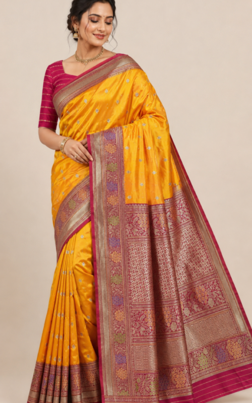 Pure Handloom Katan Silk Saree | Yellow Meenakari Weave with Contrast Pink Pallu | Fabraws