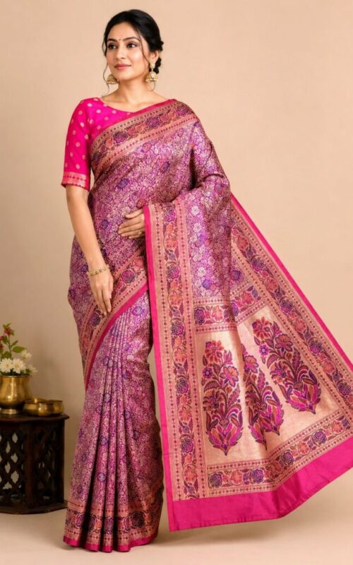 Pure Handmade Jamdani Meenakari Silk Saree | Purple-Magenta with Rani Pink Floral Border