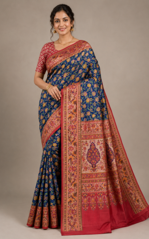 Jamdani silk saree | Pure Handmade Jamdani Meenakari Silk Saree | Navy Blue Floral Weave with Red Kalamkari Pallu | Fabraws