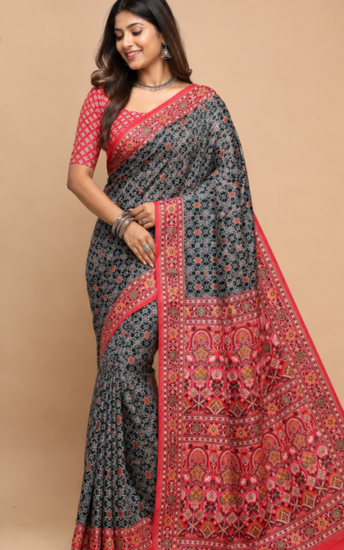 Pure Handmade Traditional Silk Meenakari Saree | Black Ajrakh Print with Red Meenakari Border | Fabraws